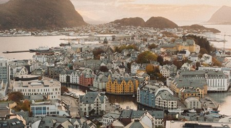 Beautiful viewpoint at Aksla mountain to the Ålesund city at the sunrise moment